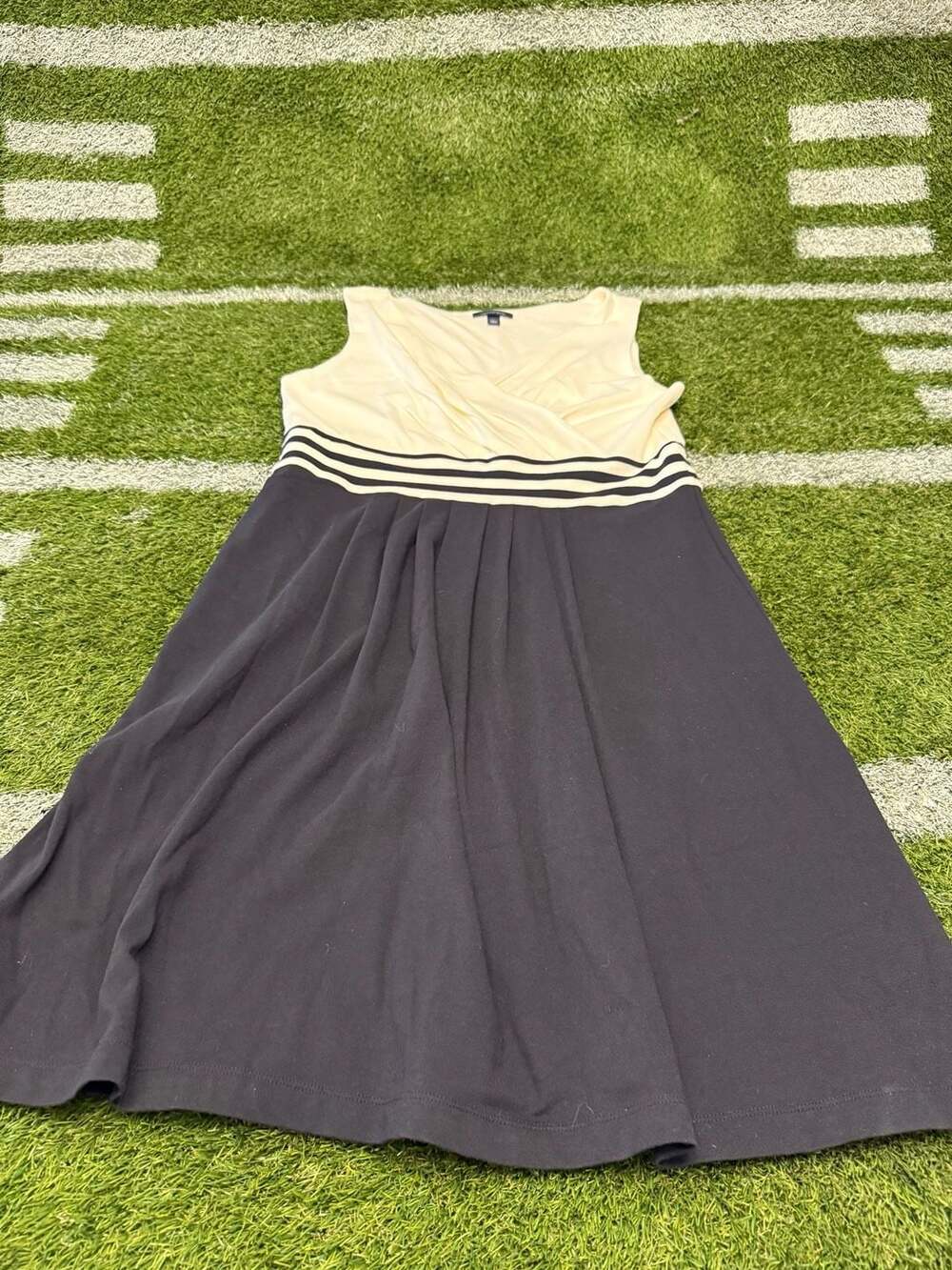 Lands' End Sleeveless Cream & Navy Fit & Flare Dress, Women's Sz L (14-16)